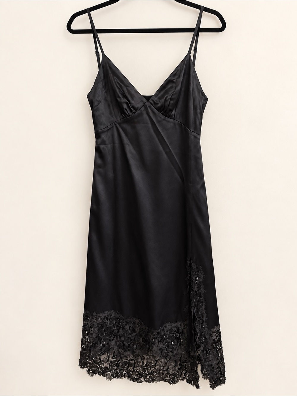 MICHAEL Michael Kors Black Satin Sequin Lace Hem Slip Dress Large